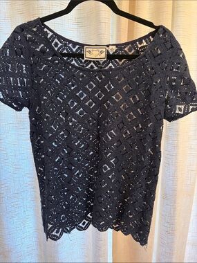 Navy Lace Cutout Short-Sleeve Blouse by